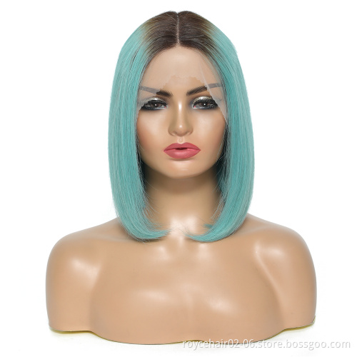 Cheap Ombre Bob Wigs For Women, T1b/blue Brazilian Human Hair Glueless Transparent Swiss T Shape Lace Wig